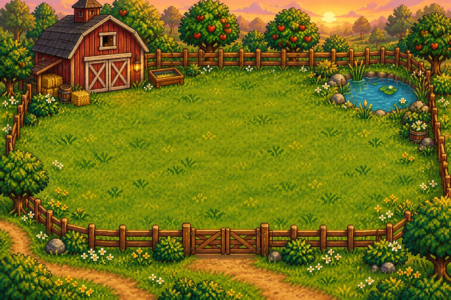 A grassy paddock beside the red barn at sunset