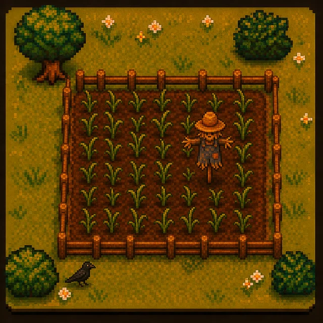 Yield Farm plot, corn · straw hat · dusk