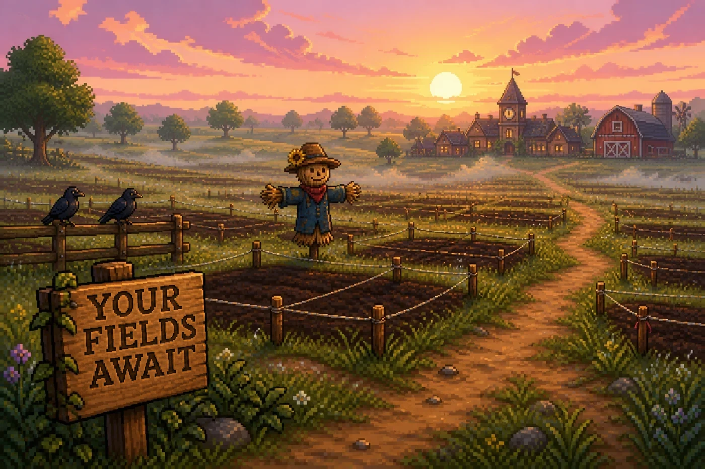 Unclaimed farmland at dawn: staked-out empty plots in the morning mist, the Scarecrow standing watch, a sign reading Your fields await