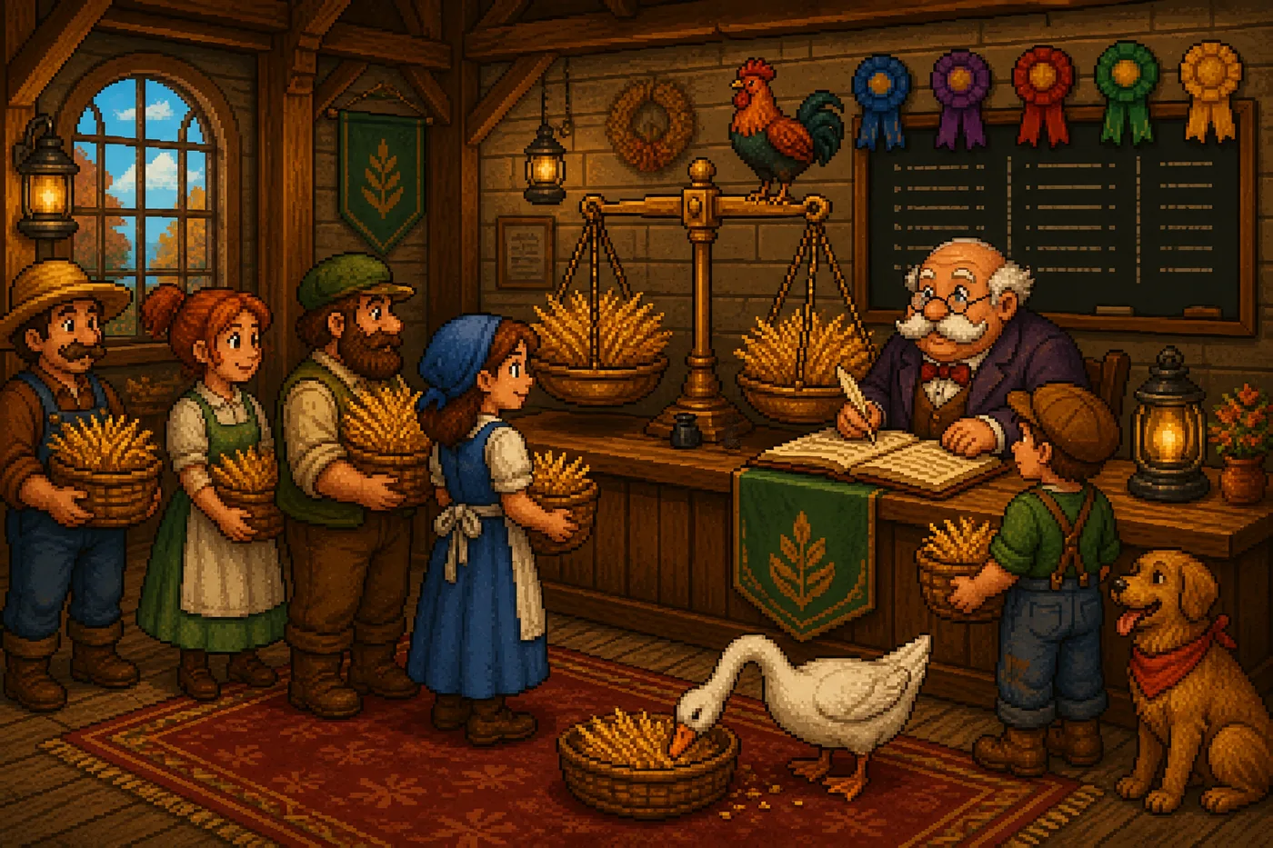 The bushel weigh-in at the town hall: the Mayor weighs golden wheat on the brass scales and writes names into the great ledger while townsfolk queue with baskets